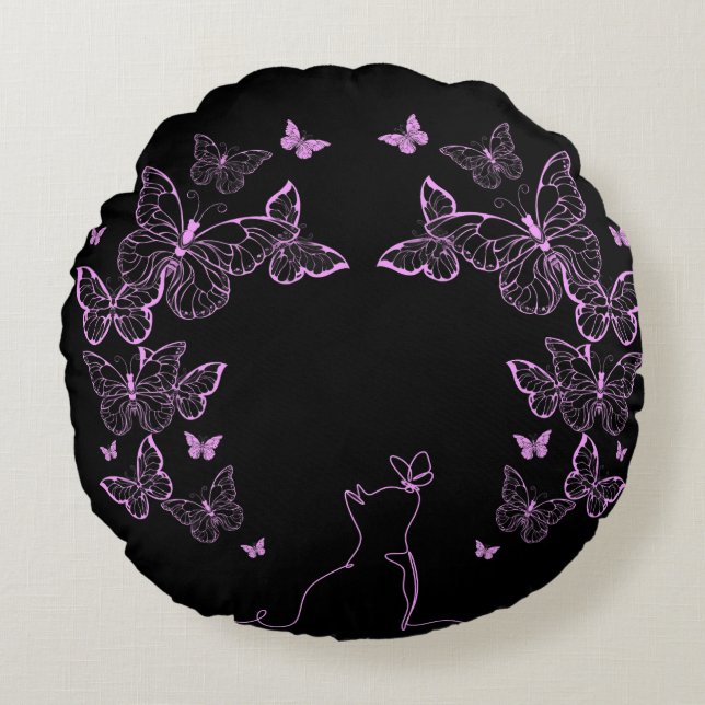 Whimsical Butterfly and Cat line art Round Cushion (Front)