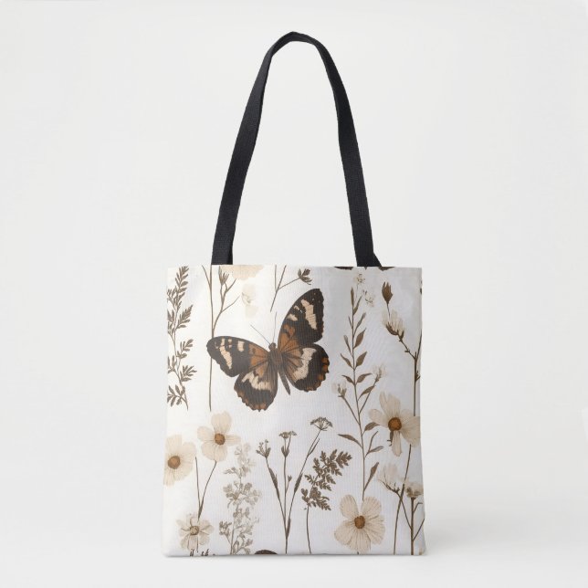  Whimsical Butterfly and Flower Pattern Tote Bag (Front)