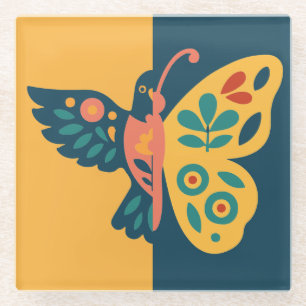 Whimsical butterfly and hummingbird Design Glass Coaster