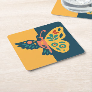 Whimsical butterfly and hummingbird Design Square Paper Coaster