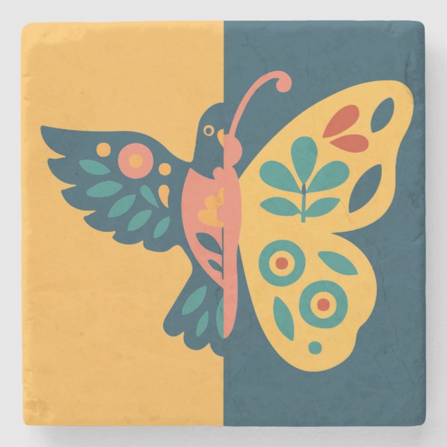 Whimsical butterfly and hummingbird Design Stone Coaster (Front)