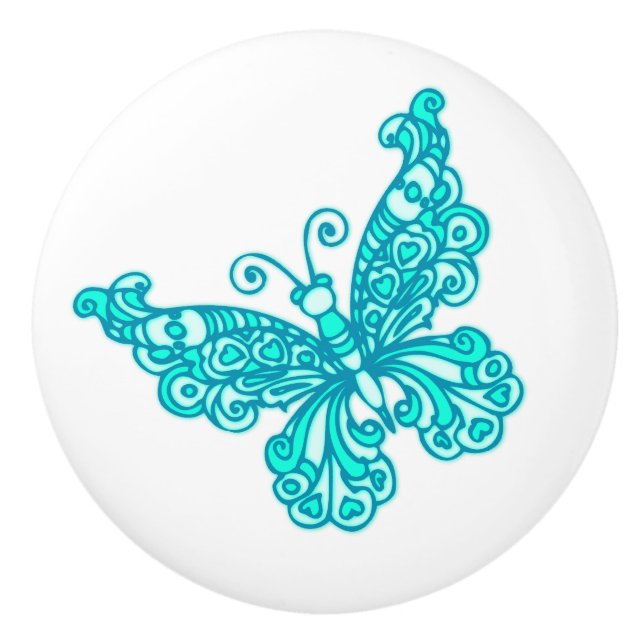 Whimsical butterfly aqua inked art doorknob ceramic knob (Front)