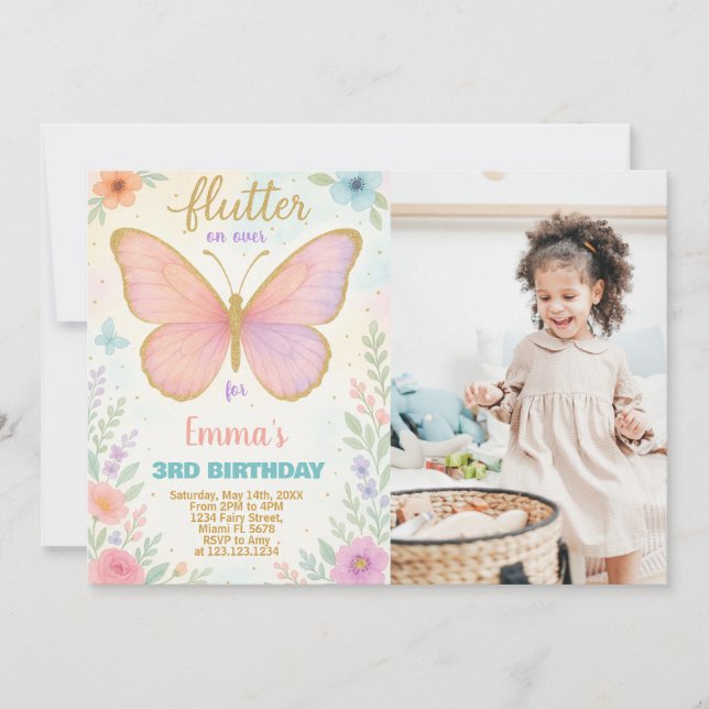 Whimsical Butterfly Birthday Invitation with photo (Front)