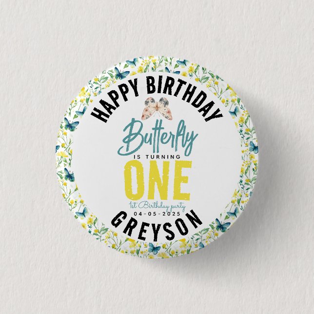 Whimsical Butterfly Floral 1st Birthday 3 Cm Round Badge (Front)
