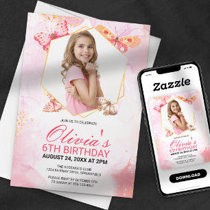 Whimsical Butterfly Kisses Girl Photo Birthday Invitation