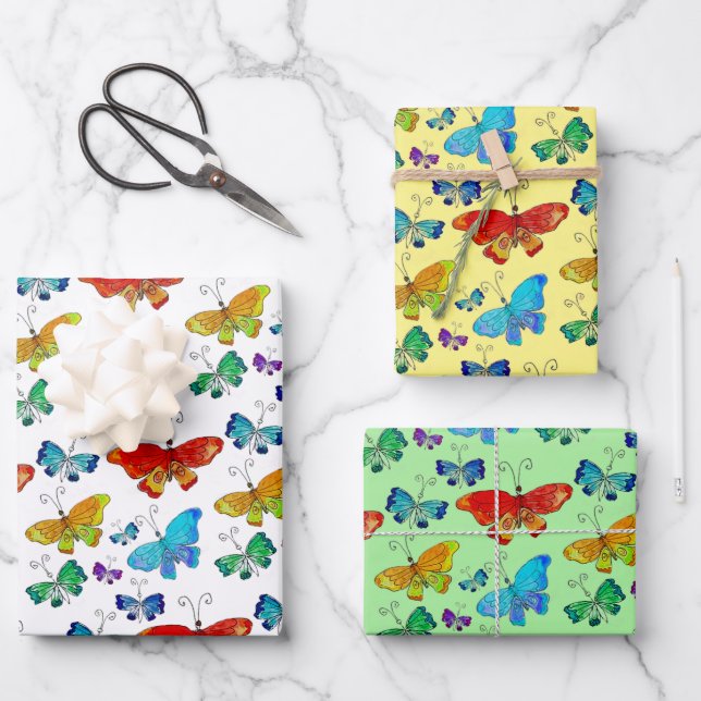 Whimsical Butterfly Pattern Colourful Watercolor Wrapping Paper Sheet (Front)