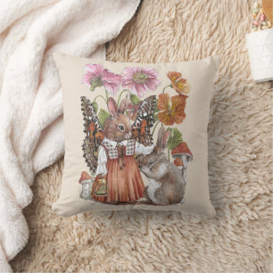 Whimsical Butterfly Rabbit Fairytale Watercolor Cushion