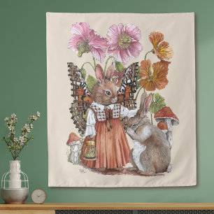 Whimsical Butterfly Rabbit Fairytale Watercolor Tapestry