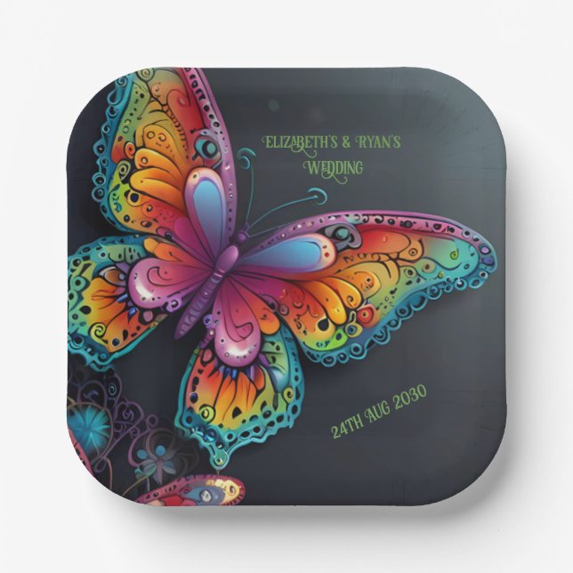 Whimsical Butterfly Romance Wedding Invitation Paper Plate (Front)