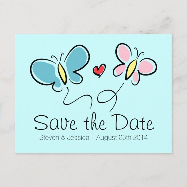 Whimsical butterfly save the date wedding postcard (Front)