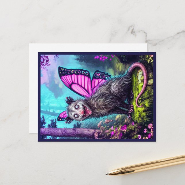Whimsical Butterfly Wing Opossum Fantasy Postcard (Front/Back In Situ)