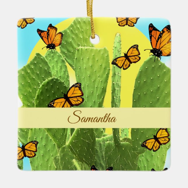 Whimsical Cactus And Butterflies Ceramic Ornament (Front)