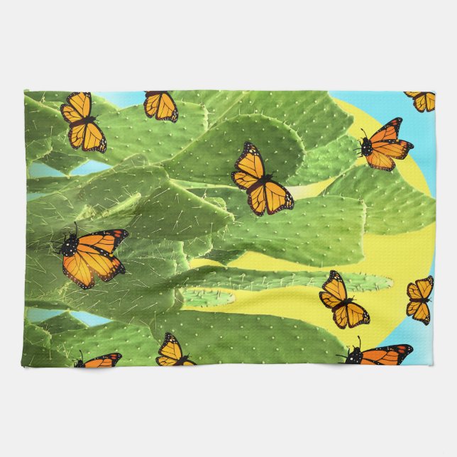 Whimsical Cactus And Butterflies Tea Towel (Horizontal)