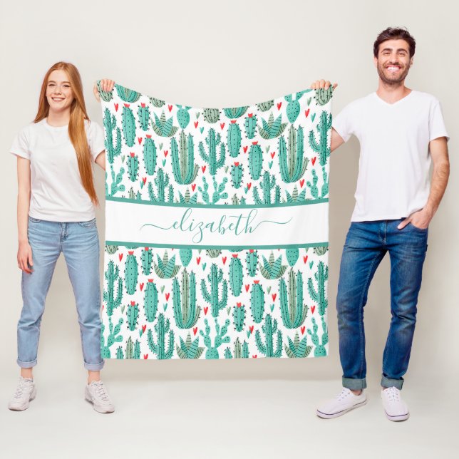 Whimsical cactus green white pattern monogram fleece blanket (In Situ)