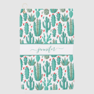 Whimsical cactus green white red pattern monogram golf towel