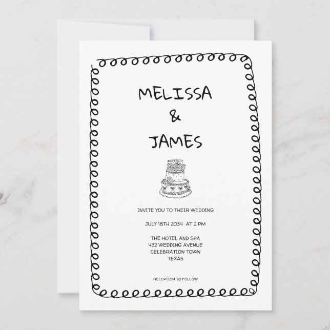 Whimsical Cake Doodle Hand Drawn Wedding Invitation (Front)