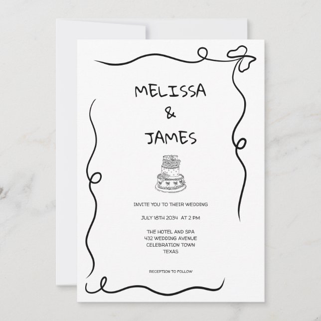 Whimsical Cake Hand Drawn Wedding Invitation (Front)