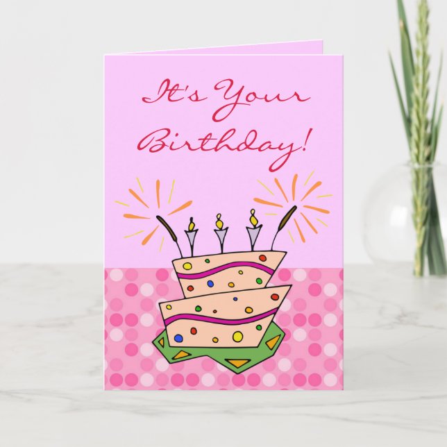 Whimsical Cake Sparklers Candles Happy Birthday Card (Front)