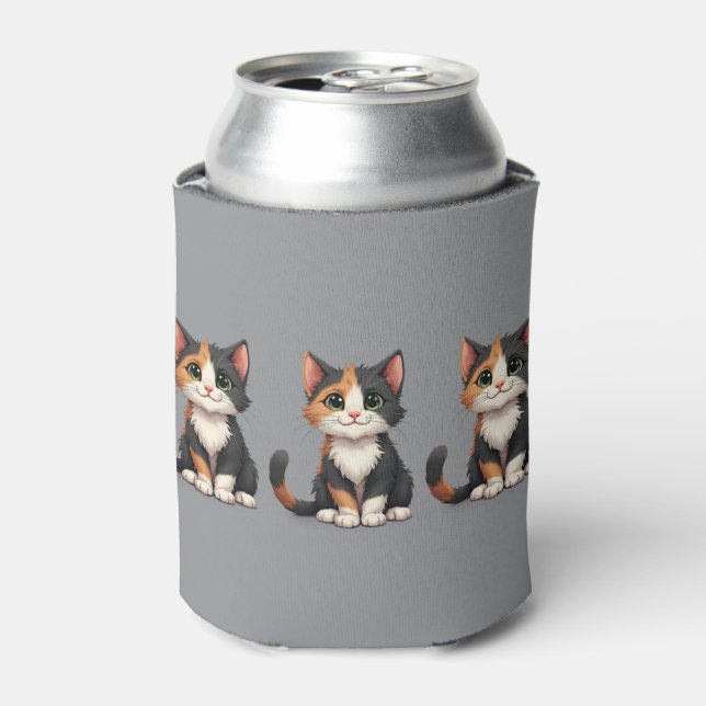 Whimsical Calico Kitten with Cattitude Can Cooler (Can Front)