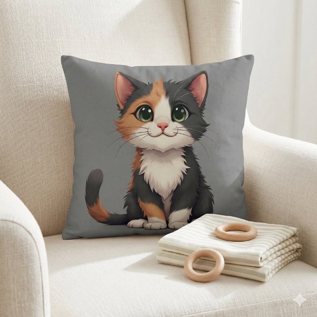 Whimsical Calico Kitten with Cattitude Cushion (Whimsical Calico Kitten with Cattitude Throw Pillow Mockup A)