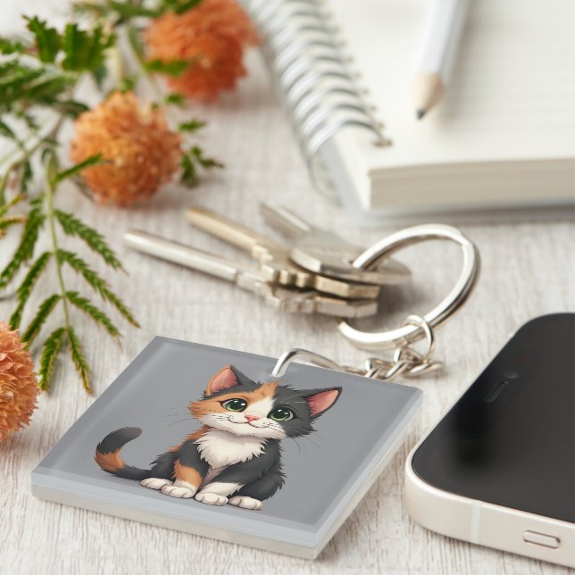 Whimsical Calico Kitten with Cattitude Key Ring (Front Right)