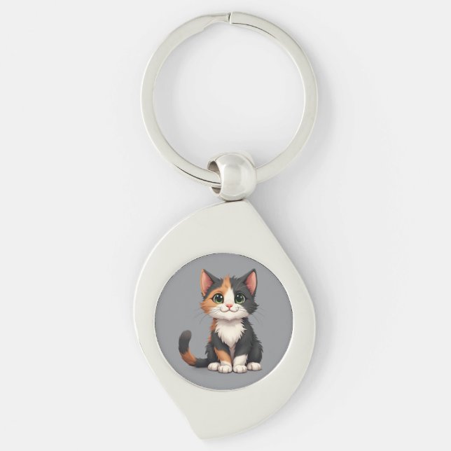 Whimsical Calico Kitten with Cattitude Key Ring (Front)