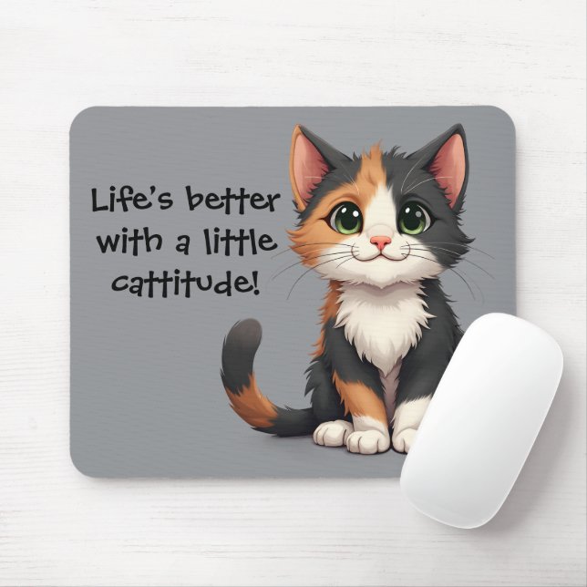 Whimsical Calico Kitten with Cattitude Mouse Mat (With Mouse)