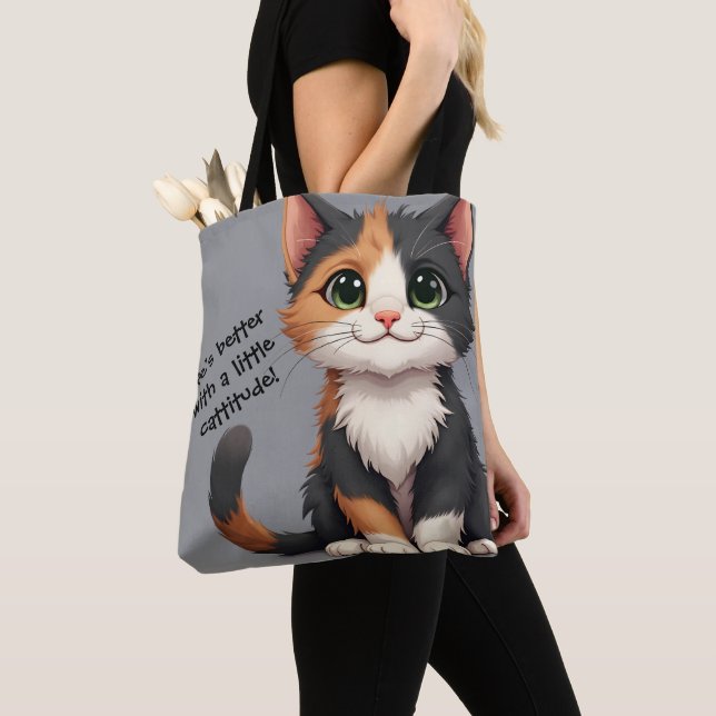 Whimsical Calico Kitten with Cattitude Tote Bag (Close Up)