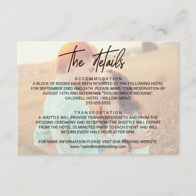 Whimsical Calligraphy | Faded Photo Details Card (Front)