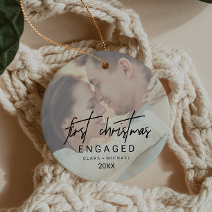 Whimsical Calligraphy Faded Photo Engaged Ceramic Tree Decoration