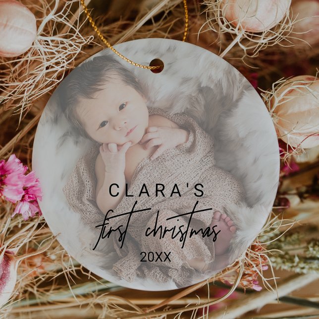 Whimsical Calligraphy Faded Photo First Christmas Ceramic Tree Decoration (Whimsical Calligraphy Faded Photo First Christmas Ceramic Ornament)