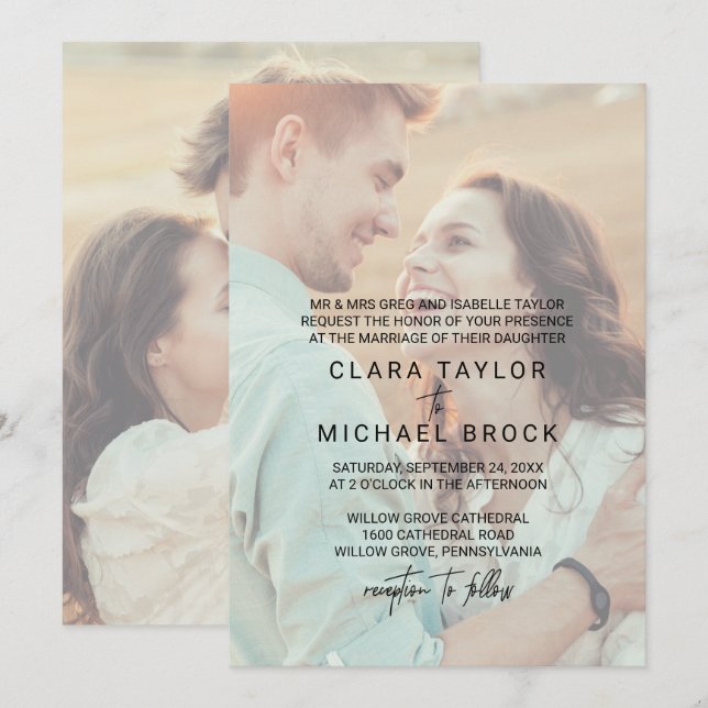 Whimsical Calligraphy | Faded Photo Formal Wedding Invitation (Front/Back)