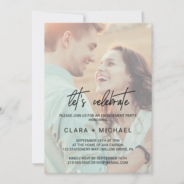 Whimsical Calligraphy Faded Photo Let's Celebrate Invitation (Front)
