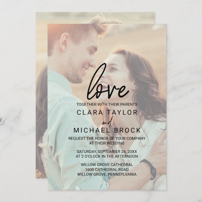Whimsical Calligraphy | Faded Photo Love Wedding Invitation (Front/Back)