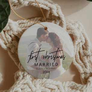 Whimsical Calligraphy Faded Photo Married Ceramic Tree Decoration