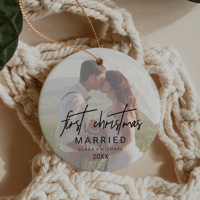 Whimsical Calligraphy Faded Photo Married Ceramic Tree Decoration (Whimsical Calligraphy Faded Photo Married Ceramic Ornament)