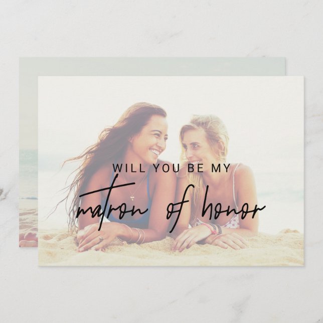 Whimsical Calligraphy Faded Photo Matron Of Honour Invitation (Front/Back)
