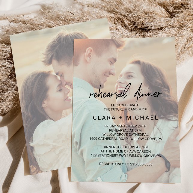 Whimsical Calligraphy Faded Photo Rehearsal Dinner Invitation (Creator Uploaded)