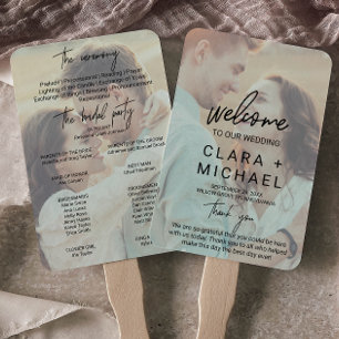 Whimsical Calligraphy Faded Photo Wedding Program Hand Fan
