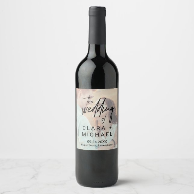 Whimsical Calligraphy | Faded Photo Wedding Wine Label (Front)