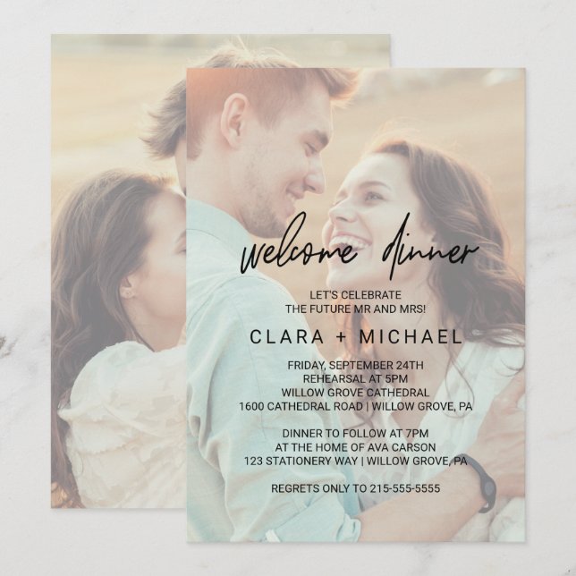 Whimsical Calligraphy Faded Photo Welcome Dinner Invitation (Front/Back)
