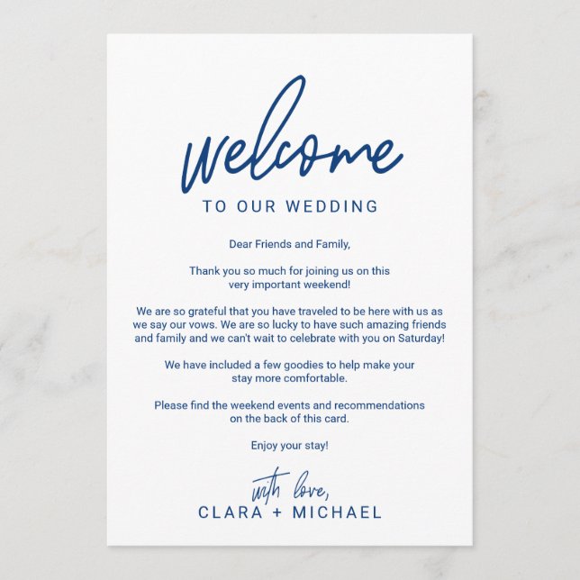 Whimsical Calligraphy Navy Wedding Welcome Letter Programme (Front)
