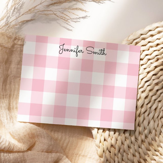 Whimsical Calligraphy Pastel Pink Large Gingham Card (Pastel pink gingham personalized note card stationery for her.)