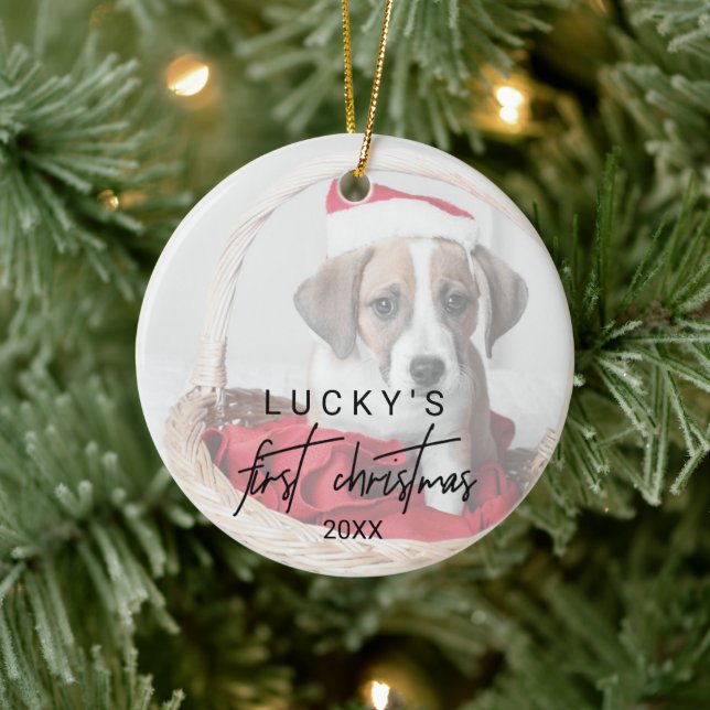 Whimsical Calligraphy Pet Photo First Christmas Ceramic Tree Decoration (Tree)