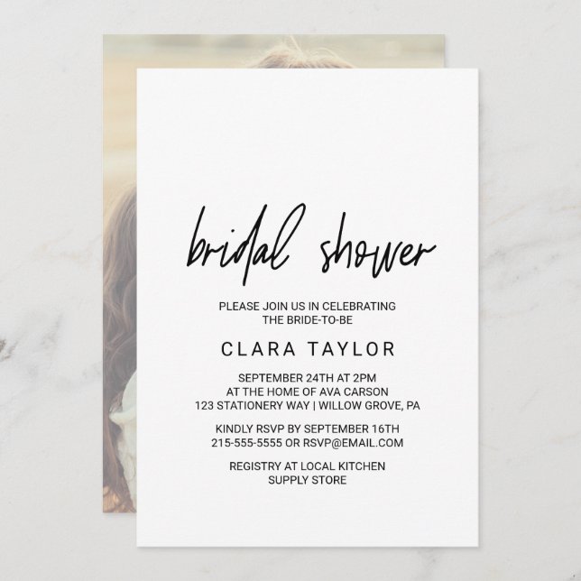 Whimsical Calligraphy Photo Backing Bridal Shower Invitation (Front/Back)