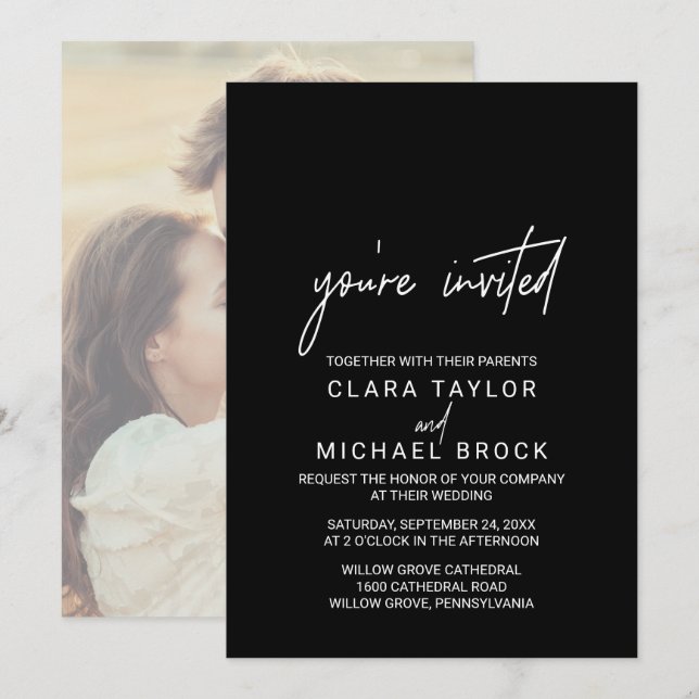 Whimsical Calligraphy Photo You're Invited Wedding Invitation (Front/Back)