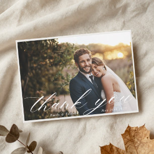 Whimsical Calligraphy Two Photo Wedding Thank You Card