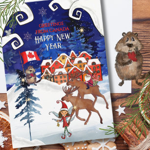 Whimsical Canadian Village & Moose New Year Holiday Card