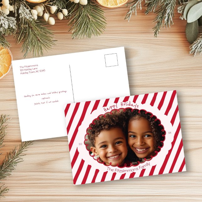  Whimsical Candy Cane Stripe Holiday Photo Card (Retro Candy Cane Whimsical Striped Christmas postcard)