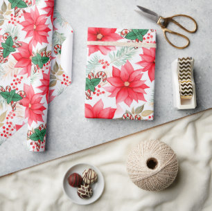 Whimsical Candy Canes & Poinsettias Christmas Wrapping Paper